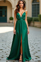 Laden Sie das Bild in den Galerie-Viewer, A Linie Dunkelgrünes Spaghettiträger Ballkleid mit Schlitz