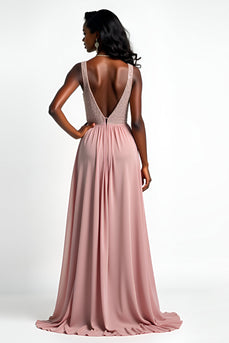 Blush Langes V-Ausschnitt Ballkleid mit Rüschen und Schlitz