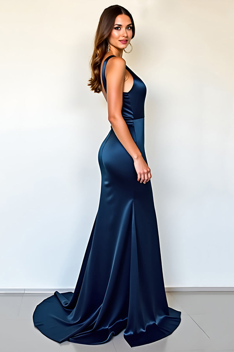 Laden Sie das Bild in den Galerie-Viewer, Marineblaues Ballkleid aus Satin mit tiefem V-Ausschnitt und Schlitz
