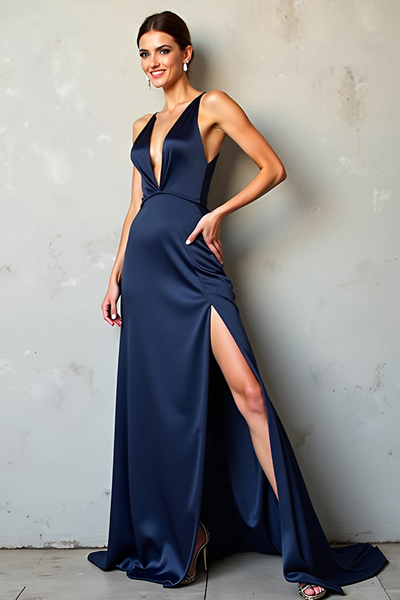 Laden Sie das Bild in den Galerie-Viewer, Marineblaues Satin Abendkleid mit tiefem V-Ausschnitt und Schlitz