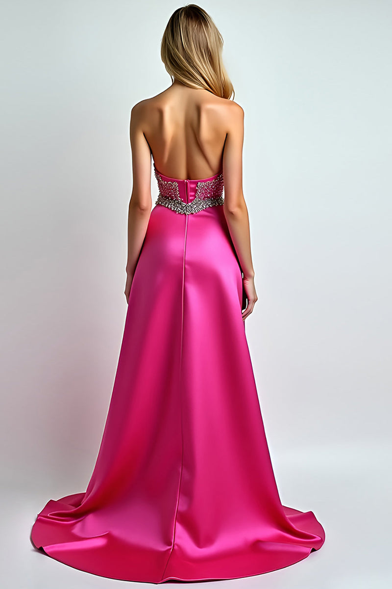 Laden Sie das Bild in den Galerie-Viewer, Glitzerndes Fuchsia Pailletten Herzausschnitt Langes Ballkleid mit Schlitz in A-Linie