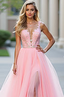Laden Sie das Bild in den Galerie-Viewer, Glitzer Blush Langes A-Linie Rosa Tüll Ballkleid mit tiefen V-Ausschnitt und Applikationen und Schlitz