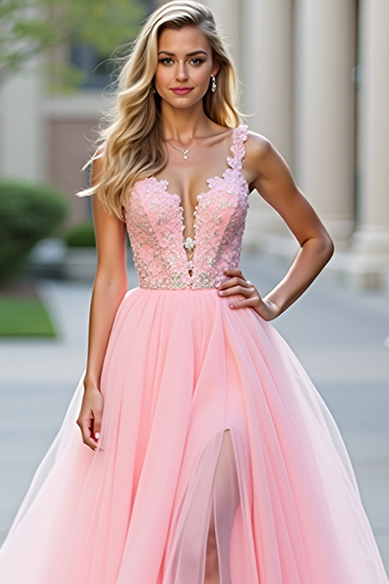 Laden Sie das Bild in den Galerie-Viewer, Glitzer Blush Langes A-Linie Rosa Tüll Ballkleid mit tiefen V-Ausschnitt und Applikationen und Schlitz