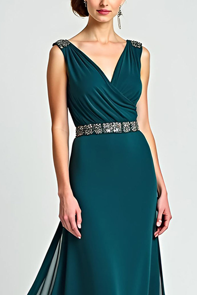 Laden Sie das Bild in den Galerie-Viewer, Pfau Etui Chiffon Brautmutterkleid mit V-Ausschnitt und Perlenstickerei