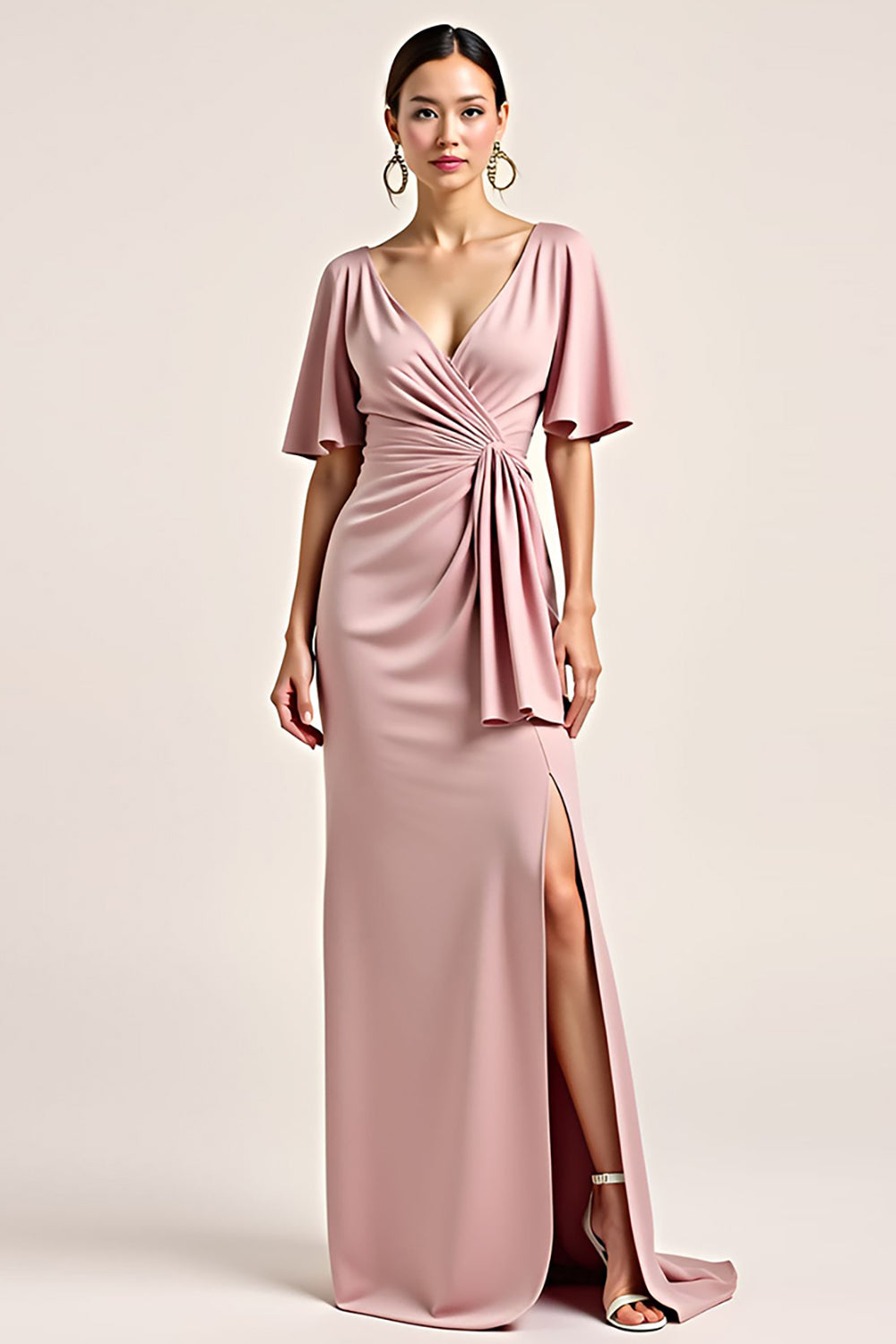 Dusty Rose Langes Satin Brautjungfernkleid mit V-Ausschnitt und halben Ärmeln und Schlitz