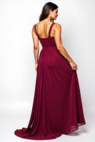 Laden Sie das Bild in den Galerie-Viewer, Burgundy Langes A-Linie Gerafftes Chiffon Hochzeitsgastkleid