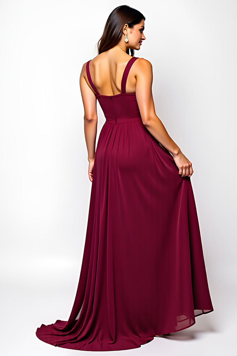 Laden Sie das Bild in den Galerie-Viewer, Burgundy Langes A-Linie Gerafftes Chiffon Hochzeitsgastkleid