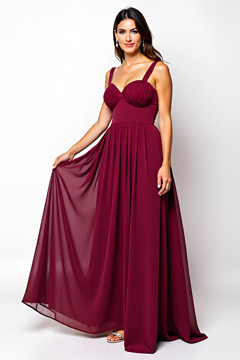 Laden Sie das Bild in den Galerie-Viewer, Burgundy Langes A-Linie Gerafftes Chiffon Hochzeitsgastkleid