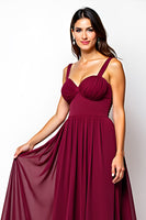 Laden Sie das Bild in den Galerie-Viewer, Burgundy Langes A-Linie Gerafftes Chiffon Hochzeitsgastkleid