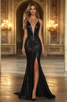 Laden Sie das Bild in den Galerie-Viewer, Schwarzes Meerjungfrauen Pailletten Ballkleid mit tiefem V-Ausschnitt