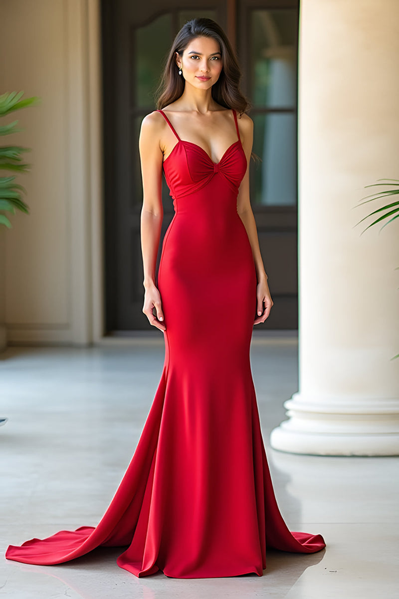Laden Sie das Bild in den Galerie-Viewer, Rotes Mattes Satin Etui Spaghettiträger Ballkleid