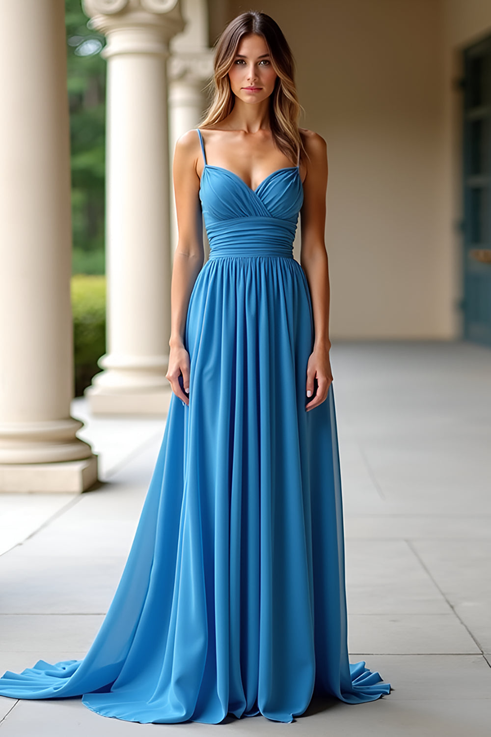 Chiffon A Linie Blaues Ballkleid mit Spaghettiträgern und Rüschen
