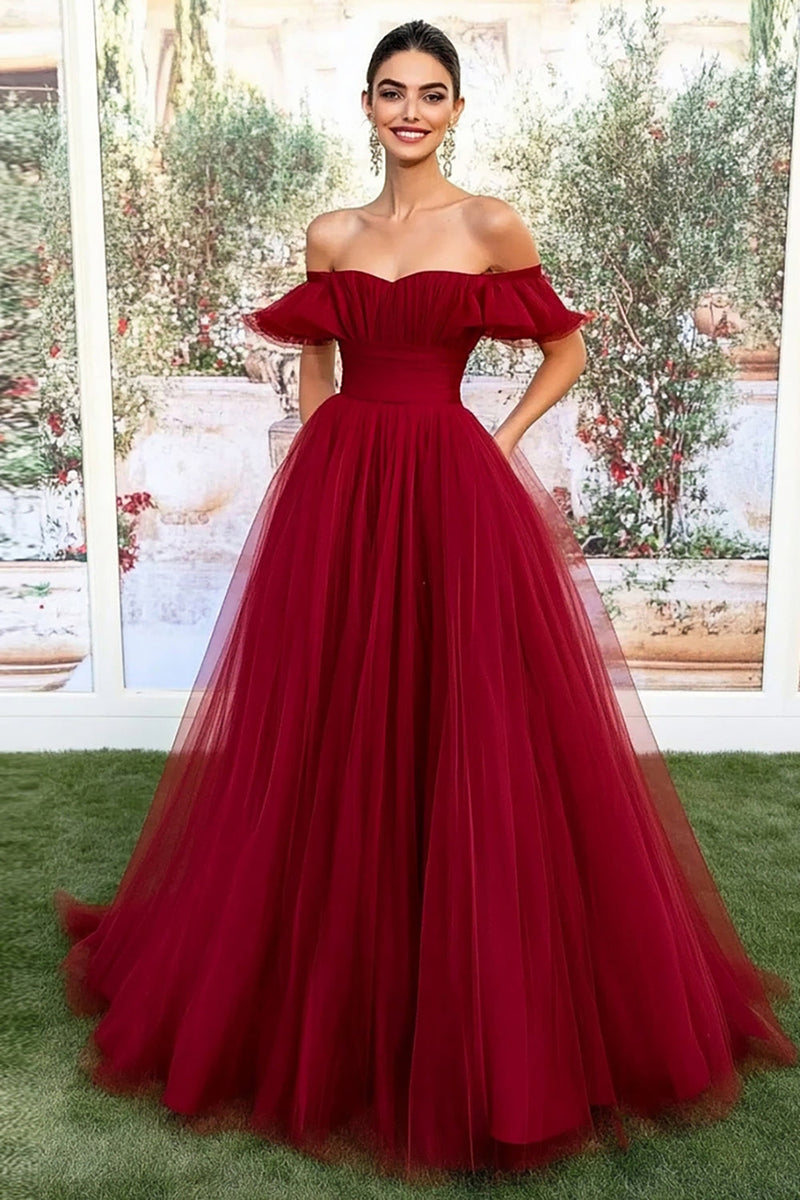 Laden Sie das Bild in den Galerie-Viewer, Burgundy Schulterfreies Ballkleid aus Tüll in A-Linie