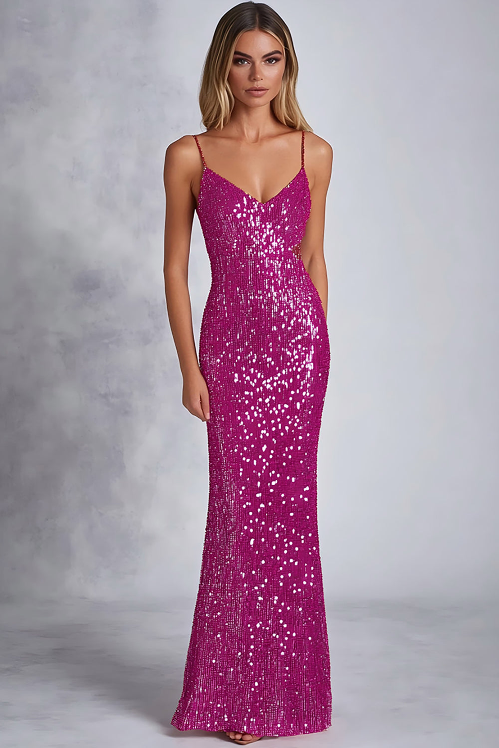 Glitzerndes Pailletten Fuchsia Spaghettiträger Etui Ballkleid