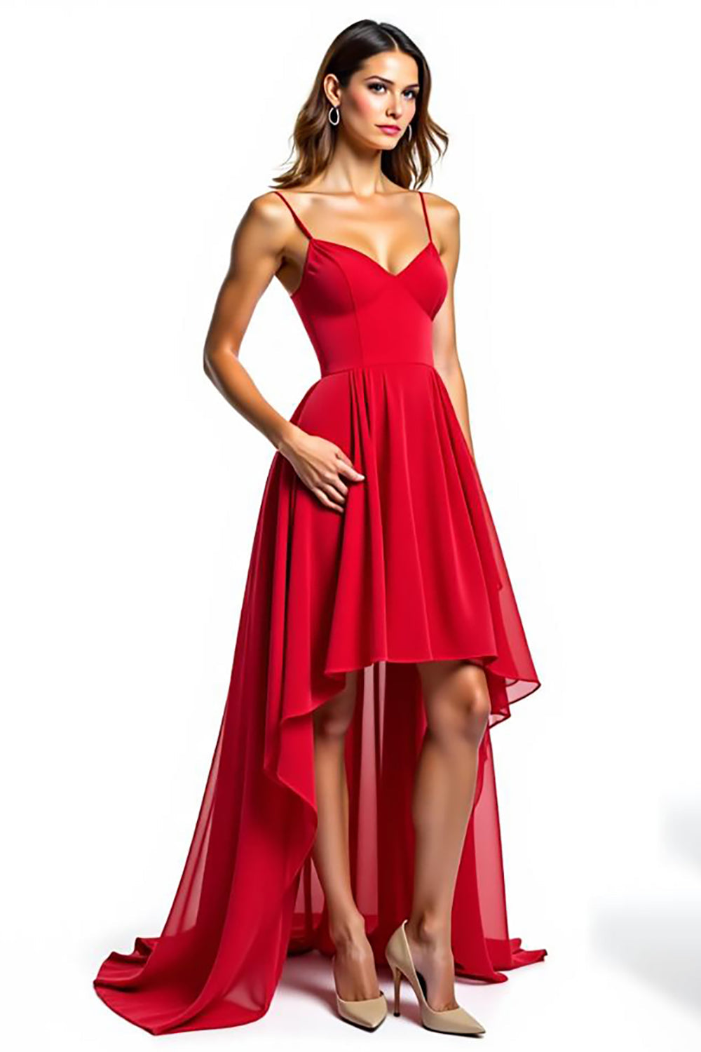 Rotes Asymmetrisches Chiffon Partykleid in A-Linie mit Rüschen