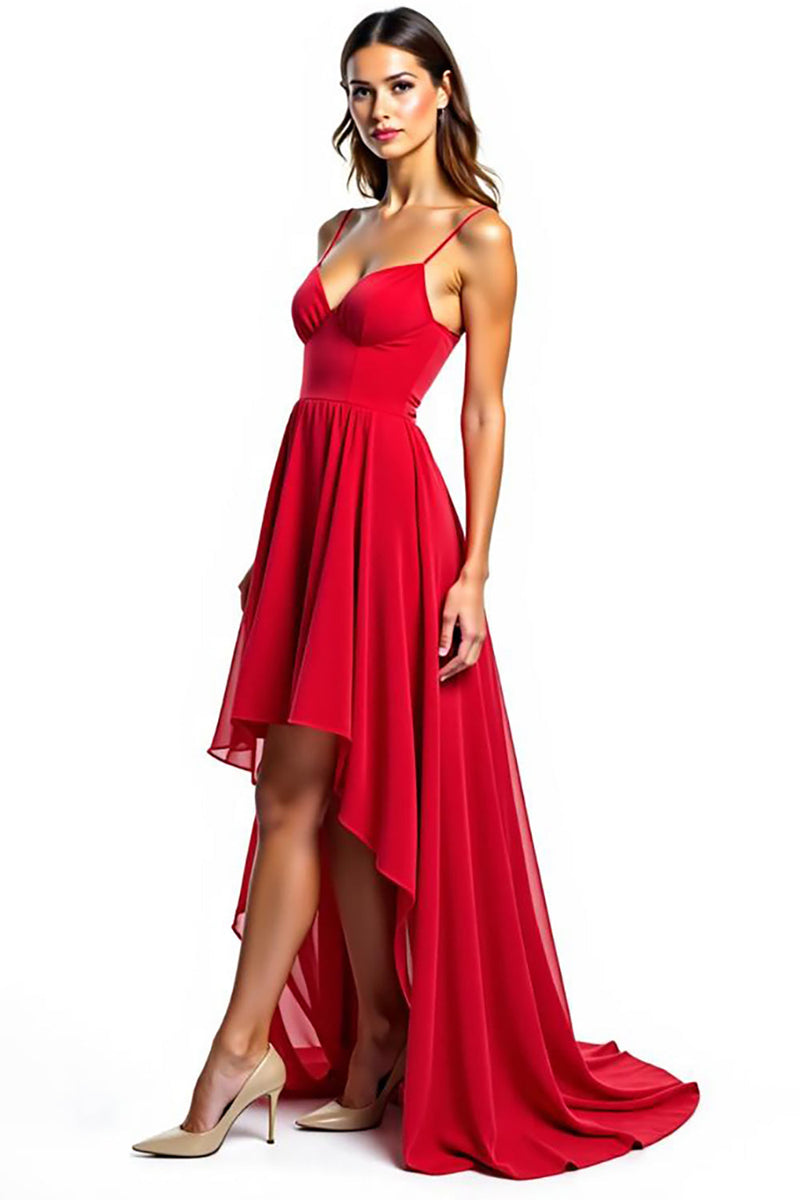 Laden Sie das Bild in den Galerie-Viewer, Rotes Asymmetrisches Chiffon Partykleid in A-Linie mit Rüschen