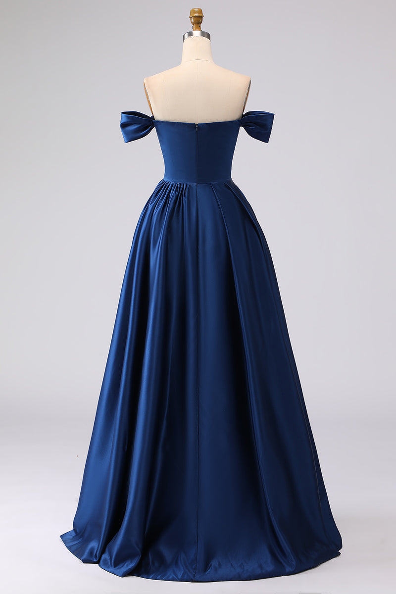 Laden Sie das Bild in den Galerie-Viewer, Große Größen Marineblaues Schulterfreies Satin Ballkleid mit Schlitz