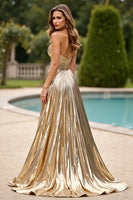 Laden Sie das Bild in den Galerie-Viewer, Gold Glitter A Linie Gerafftes Trägerloses Ballkleid mit Schlitz