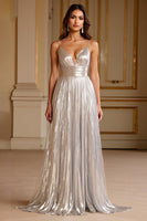 Laden Sie das Bild in den Galerie-Viewer, Glitzerndes Silbernes Spaghettiträger A Linie Langes Ballkleid