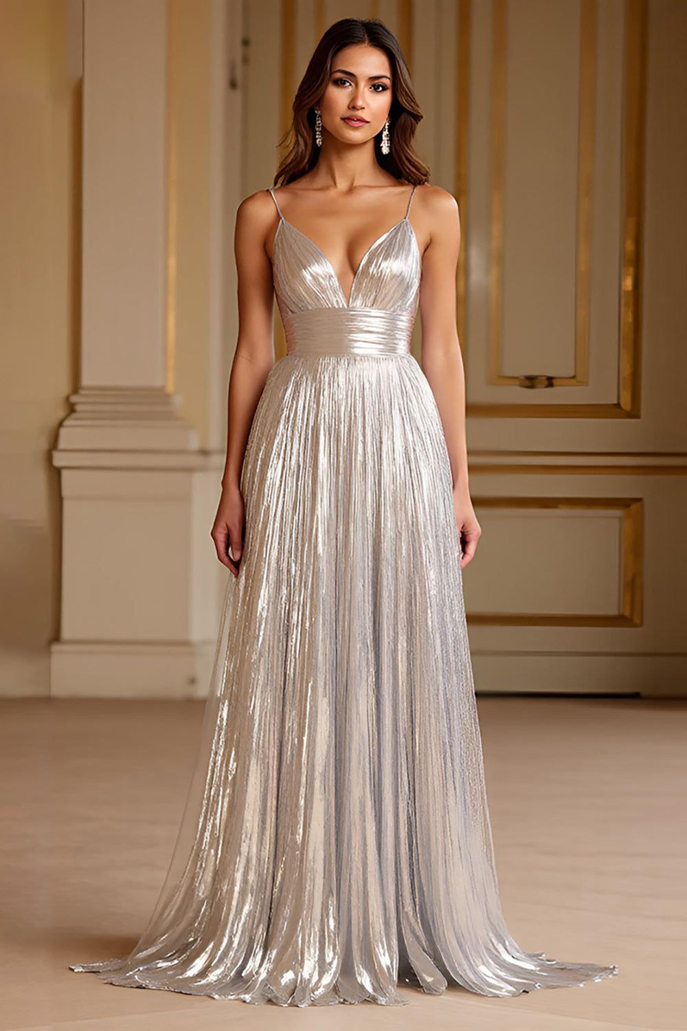 Glitzerndes Silbernes Spaghettiträger A Linie Langes Ballkleid