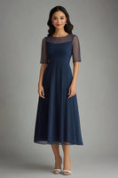 Laden Sie das Bild in den Galerie-Viewer, Marineblaues Midi Partykleid aus Chiffon in A-Linie