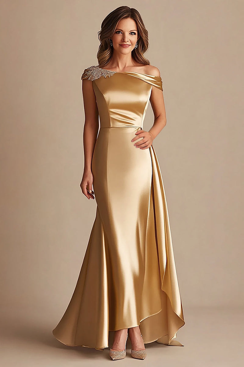 Laden Sie das Bild in den Galerie-Viewer, Etui Gold Schulterfreies Satin Langes Brautmutterkleid