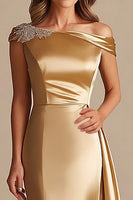 Laden Sie das Bild in den Galerie-Viewer, Etui Gold Schulterfreies Satin Langes Brautmutterkleid