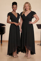 Laden Sie das Bild in den Galerie-Viewer, Marineblaues Chiffon A-Linie V-Ausschnitt Chorkleid mit Flatterärmeln