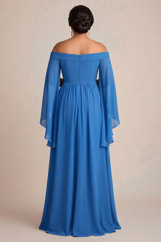 Schulterfreies Blaues Etui Chiffon Übergröße Kleid für die Brautmutter