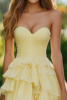 Laden Sie das Bild in den Galerie-Viewer, Narzissen Chiffon Herzausschnitt A-Linie Langes Ballkleid mit Rüschen