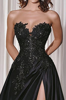 Laden Sie das Bild in den Galerie-Viewer, Schwarzes A-Linie Satin Abendkleid mit Spitzenapplikationen