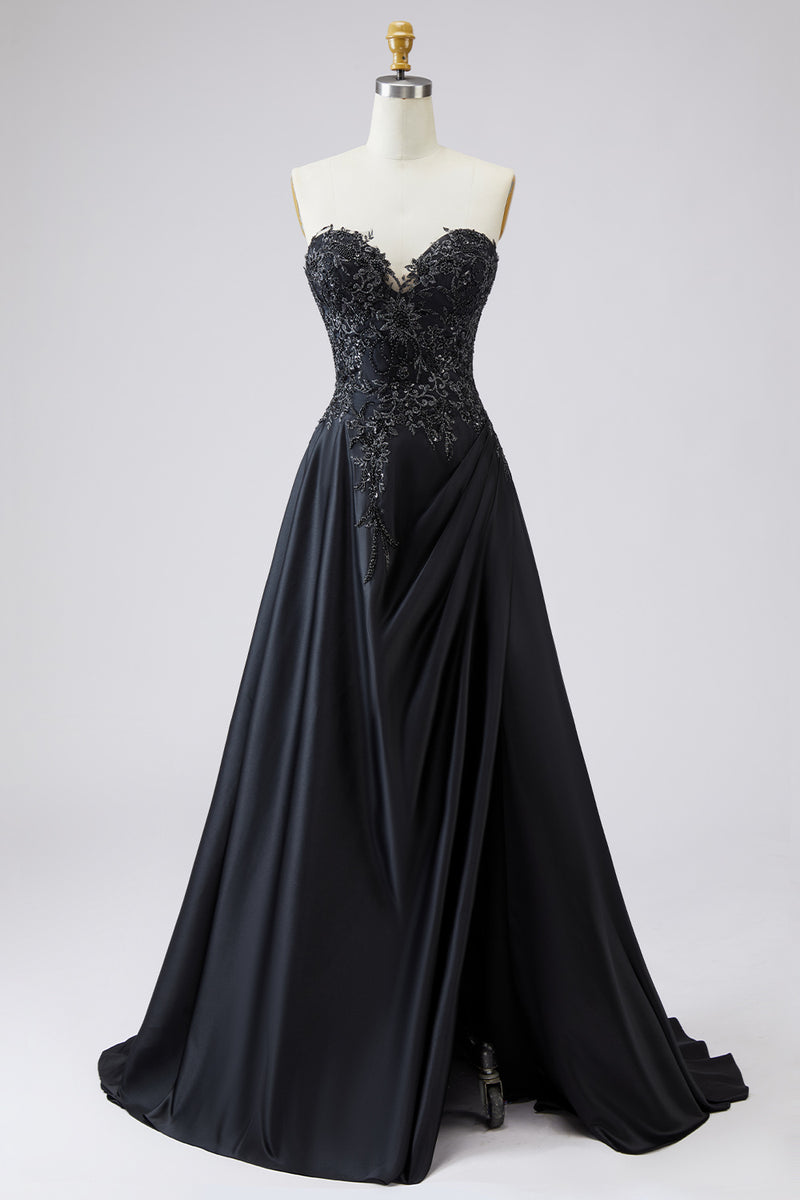 Laden Sie das Bild in den Galerie-Viewer, Schwarzes A-Linie Satin Abendkleid mit Spitzenapplikationen