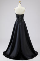 Laden Sie das Bild in den Galerie-Viewer, Schwarzes A-Linie Satin Abendkleid mit Spitzenapplikationen