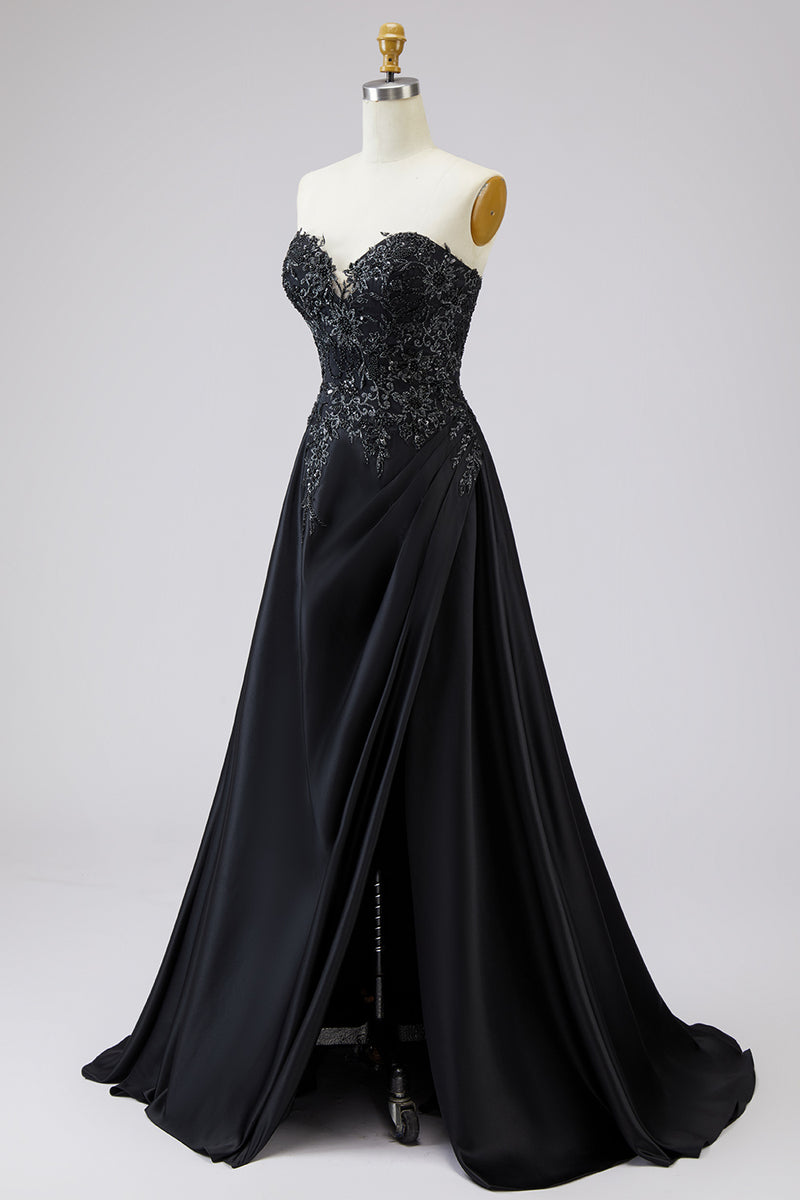 Laden Sie das Bild in den Galerie-Viewer, Schwarzes Herzausschnitt A-Linie Satin Lange Plus Size Ballkleid mit Schlitz