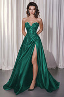 Laden Sie das Bild in den Galerie-Viewer, Schwarzes A-Linie Satin Abendkleid mit Spitzenapplikationen