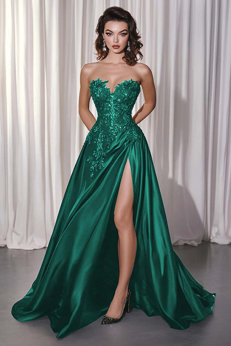 Laden Sie das Bild in den Galerie-Viewer, Schwarzes A-Linie Satin Abendkleid mit Spitzenapplikationen