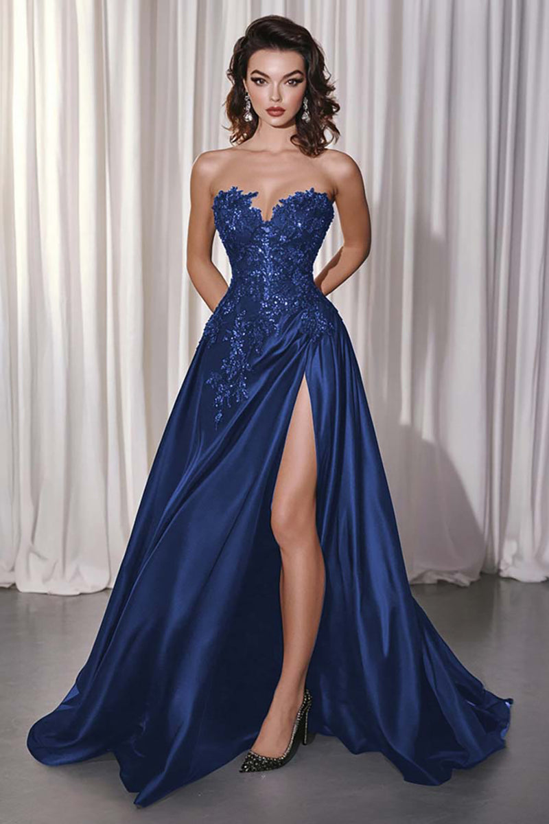 Laden Sie das Bild in den Galerie-Viewer, Schwarzes A-Linie Satin Abendkleid mit Spitzenapplikationen