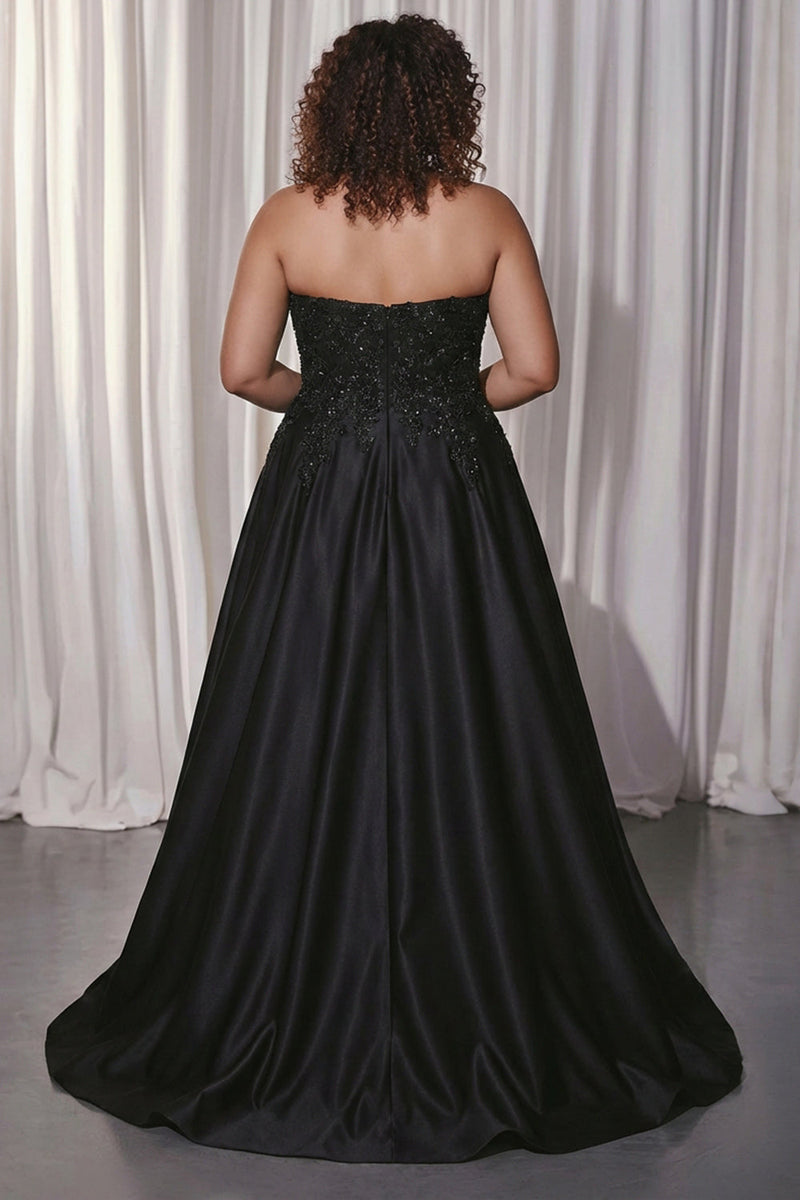Laden Sie das Bild in den Galerie-Viewer, Schwarzes Herzausschnitt A-Linie Satin Lange Plus Size Ballkleid mit Schlitz