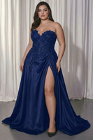 Laden Sie das Bild in den Galerie-Viewer, Schwarzes A-Linie Satin Abendkleid mit Spitzenapplikationen