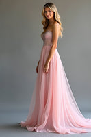 Laden Sie das Bild in den Galerie-Viewer, Funkelndes Rosa A-Linie Korsett Pailletten Langes Ballkleid mit Schlitz