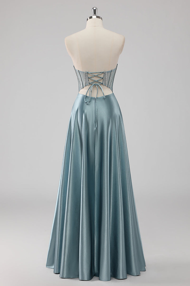 Laden Sie das Bild in den Galerie-Viewer, Grau Blau A-Linie Trägerloses Korsett Satin Langes Ballkleid mit Perlen