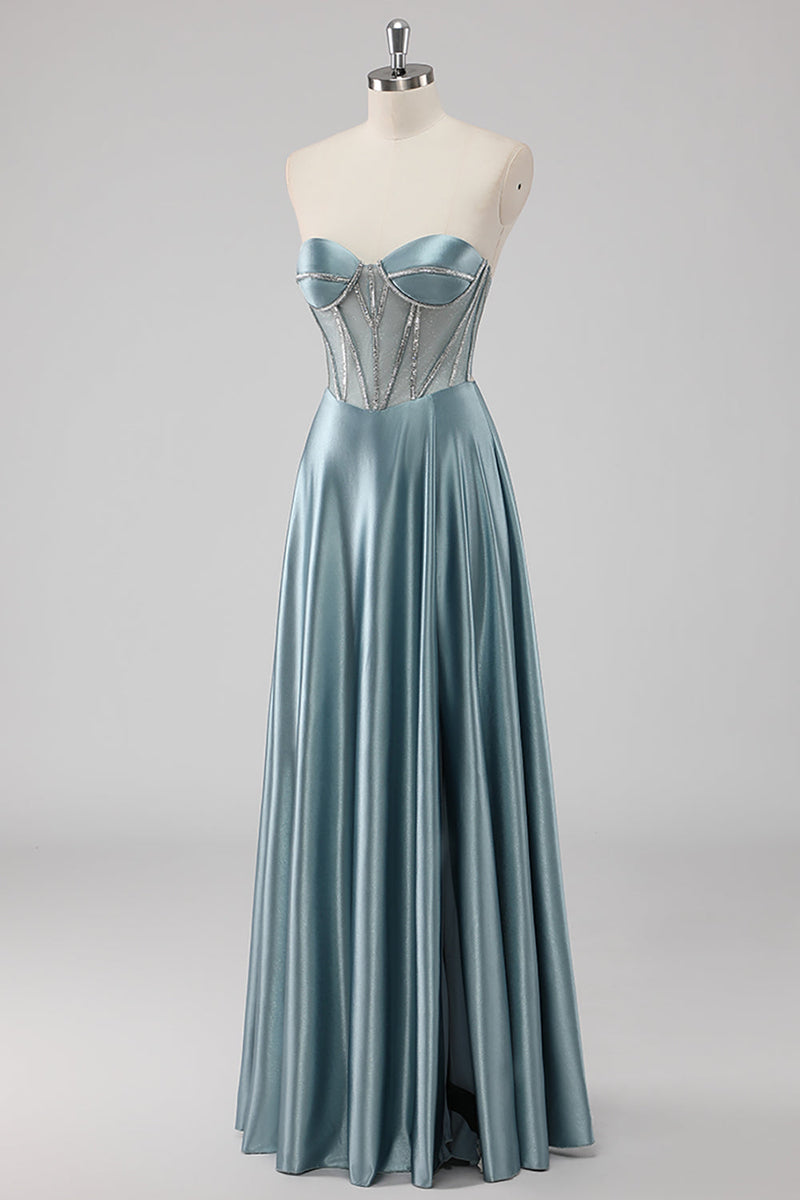 Laden Sie das Bild in den Galerie-Viewer, Grau Blau A-Linie Trägerloses Korsett Satin Langes Ballkleid mit Perlen