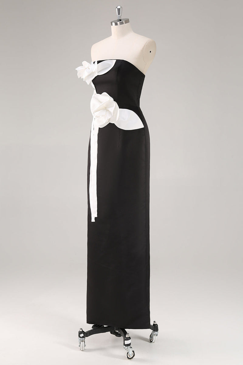 Laden Sie das Bild in den Galerie-Viewer, Schwarzes Trägerloses Hochzeitsgastkleid mit 3D-Blumen