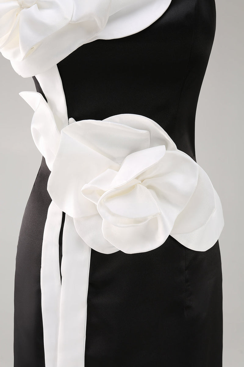 Laden Sie das Bild in den Galerie-Viewer, Schwarzes Trägerloses Hochzeitsgastkleid mit 3D-Blumen