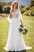 Laden Sie das Bild in den Galerie-Viewer, Elfenbein A Linie 3/4 Ärmel Spitze Langes Brautkleid