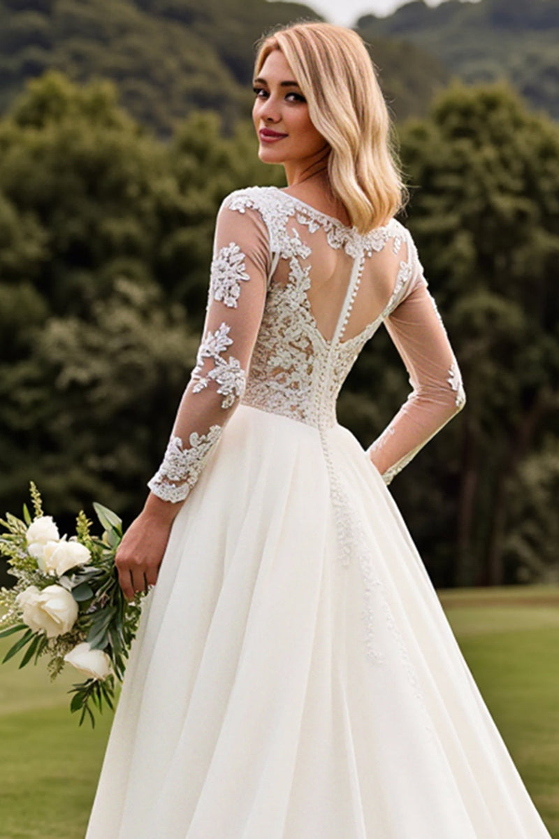 Laden Sie das Bild in den Galerie-Viewer, A Linie Appliziertes Langarm Plissee Brautkleid