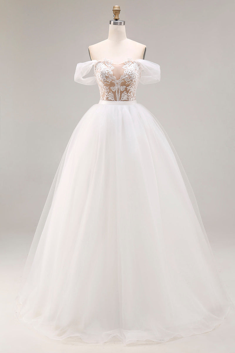 Laden Sie das Bild in den Galerie-Viewer, Elfenbein Schulterfreies Besticktes Tüll Langes Ballkleid Hochzeitskleid