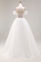 Laden Sie das Bild in den Galerie-Viewer, Elfenbein Schulterfreies Besticktes Tüll Langes Ballkleid Hochzeitskleid