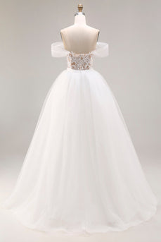 Elfenbein Schulterfreies Besticktes Tüll Langes Ballkleid Hochzeitskleid