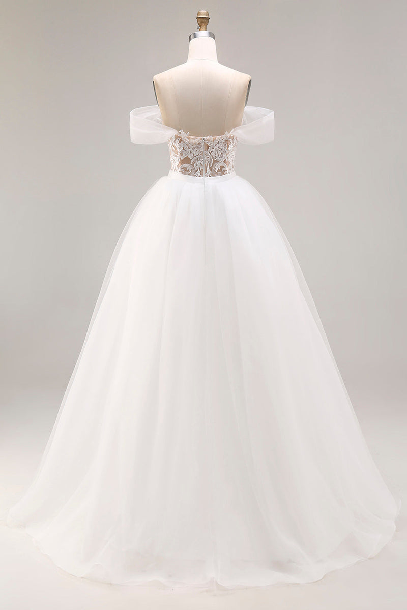 Laden Sie das Bild in den Galerie-Viewer, Elfenbein Schulterfreies Besticktes Tüll Langes Ballkleid Hochzeitskleid